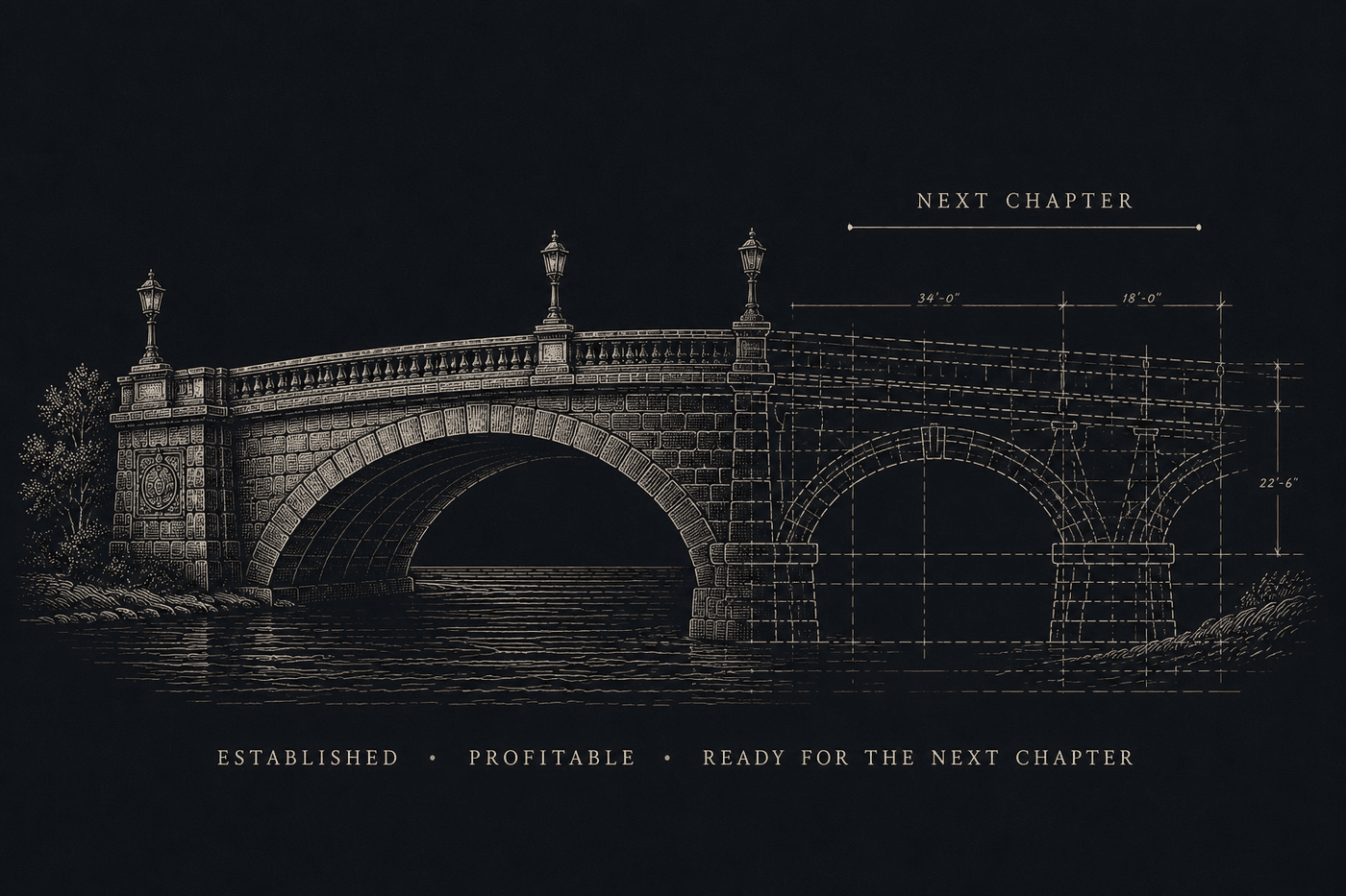 Engraved drawing of a stone bridge, half built and half still drafted, the drafted span dimensioned and labelled Next Chapter