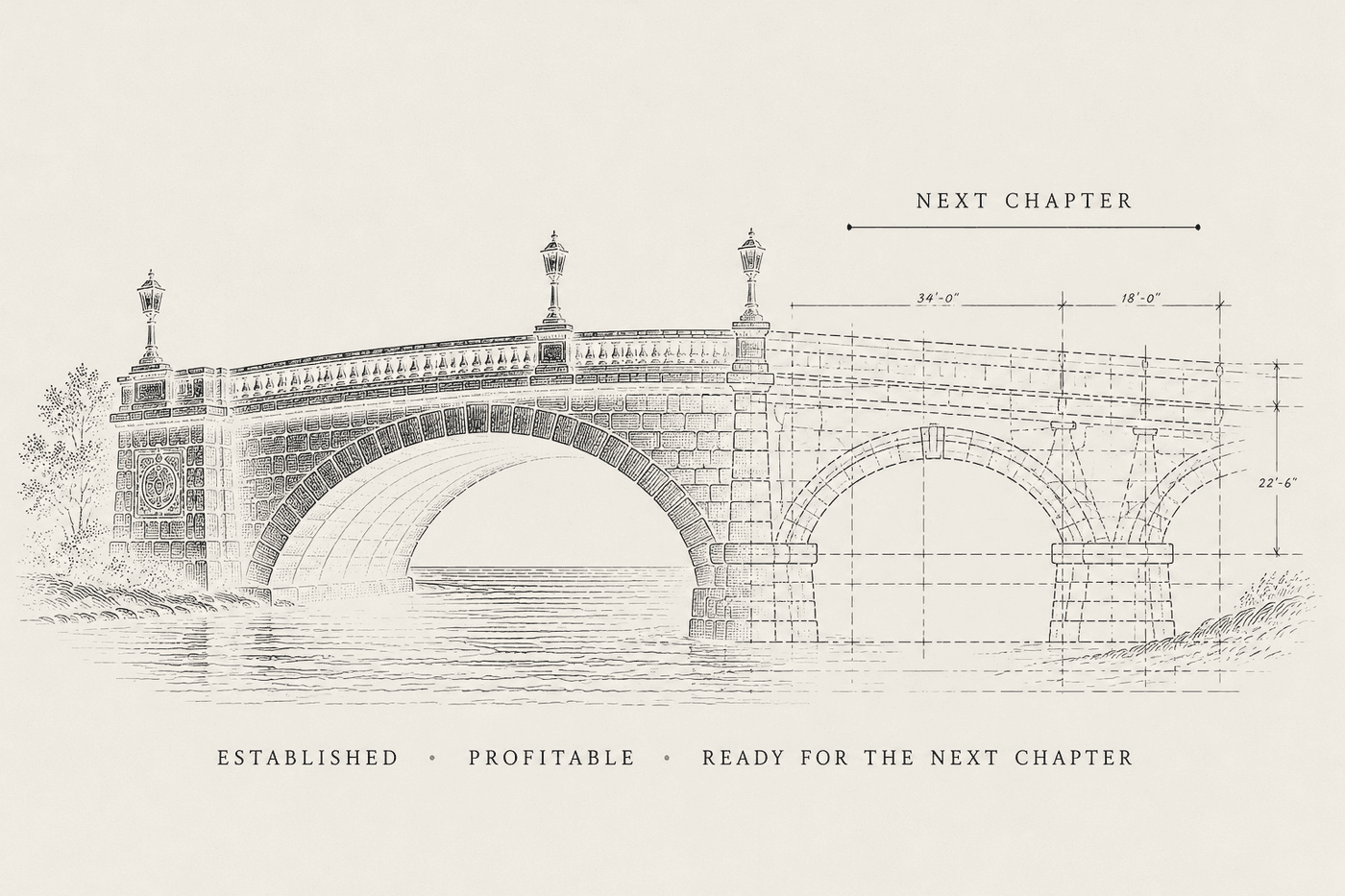 Engraved drawing of a stone bridge, half built and half still drafted, the drafted span dimensioned and labelled Next Chapter