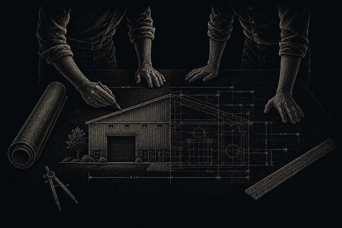 Engraved drawing of two people's hands over a warehouse elevation, one holding a pencil, with dividers, a scale rule and a rolled plan