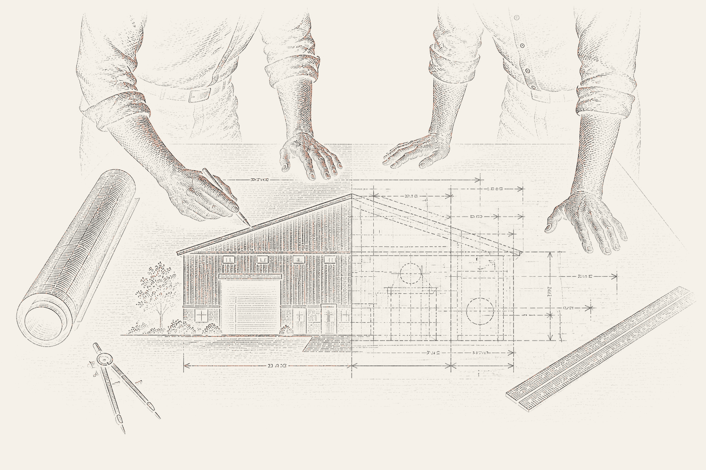 Engraved drawing of two people's hands over a warehouse elevation, one holding a pencil, with dividers, a scale rule and a rolled plan