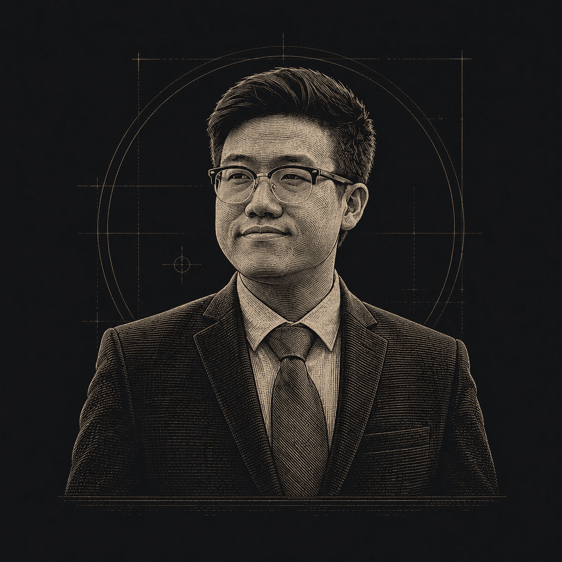 Engraved portrait of Seal-Bin Han in a suit and glasses, drawn over draughtsman's construction circles