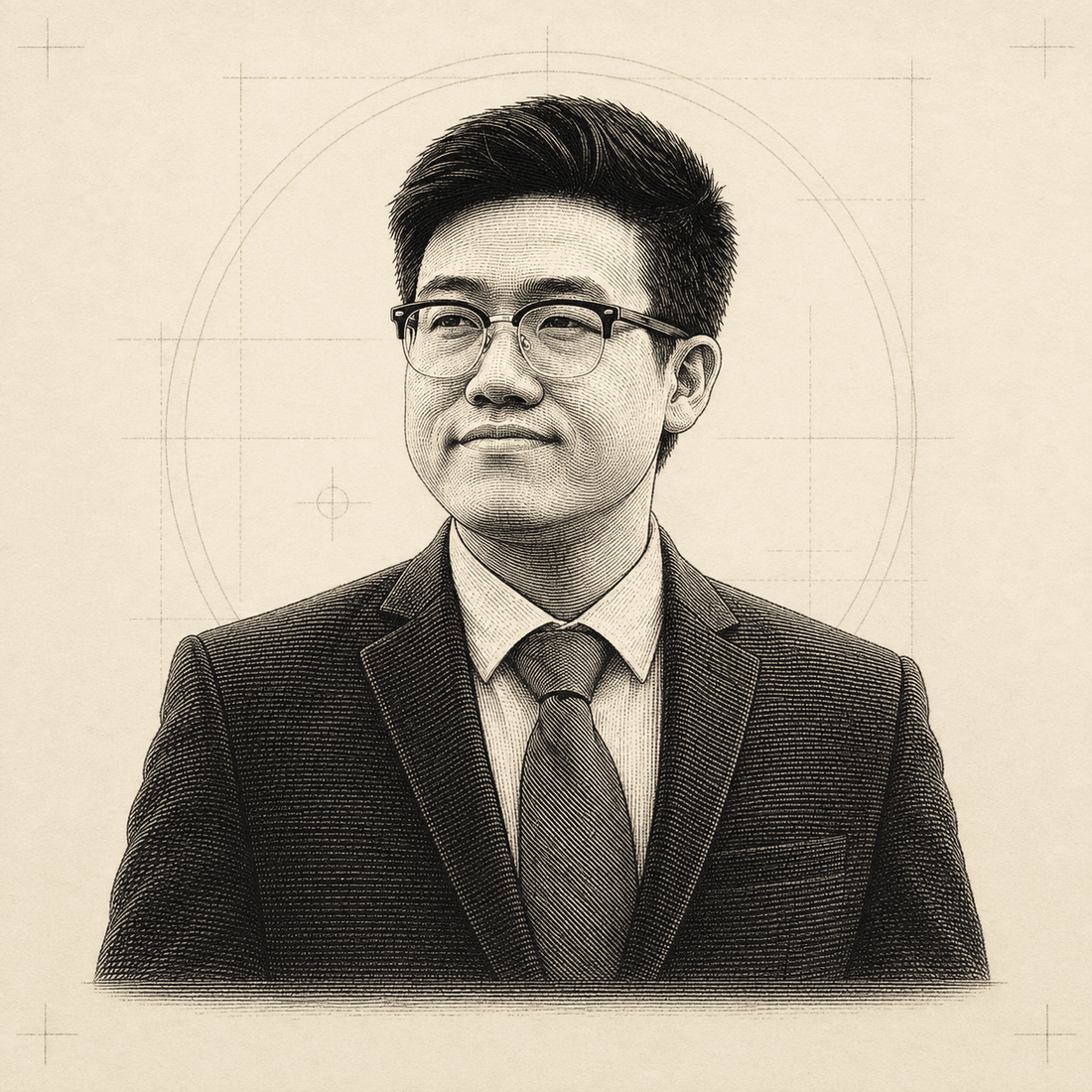 Engraved portrait of Seal-Bin Han in a suit and glasses, drawn over draughtsman's construction circles