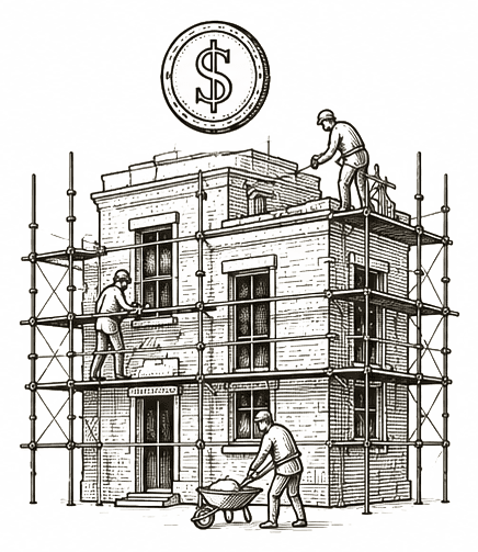 Engraved drawing of a building under construction behind scaffolding, workers on every level and a coin above it