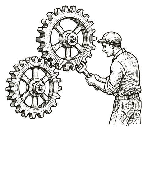 Engraved drawing of a mechanic setting a spanner to a pair of meshing gear wheels