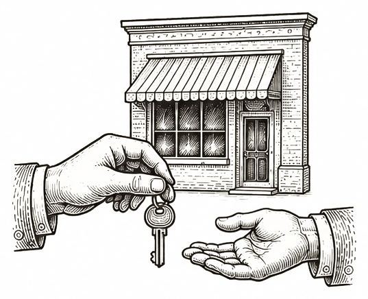 Engraved drawing of one hand passing a key to another in front of a shopfront